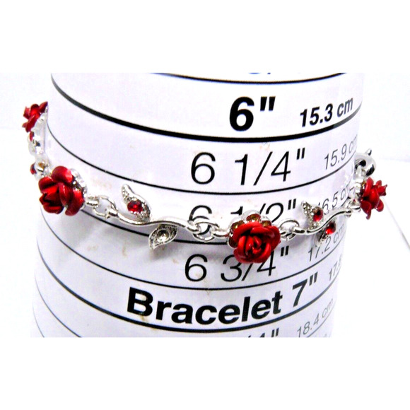 Red ROSE FLOWER~ made with Swarovski Crystal Floral Bridal Wedding Bracelet SEE - Picture 3 of 6